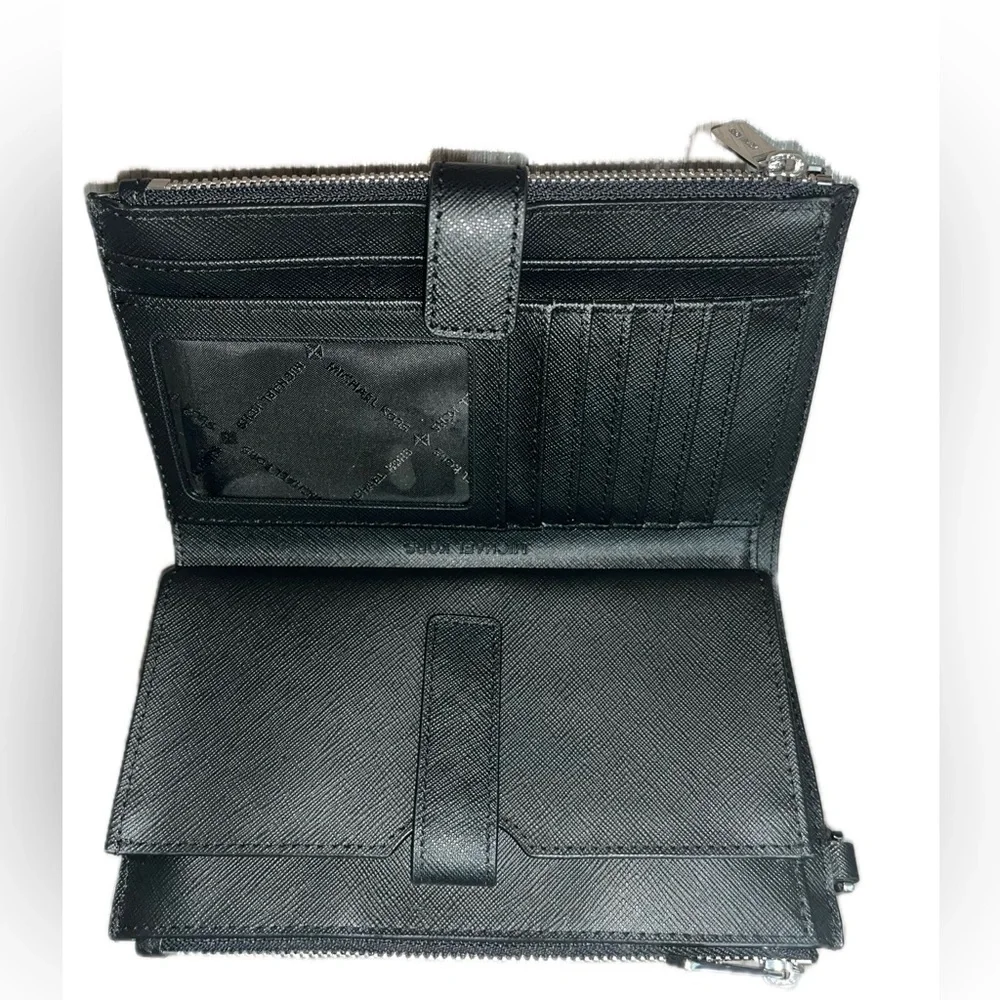 Michael Kors Black Leather Jet Set Double Zip Wallet Wristlet Silver-Tone Accent